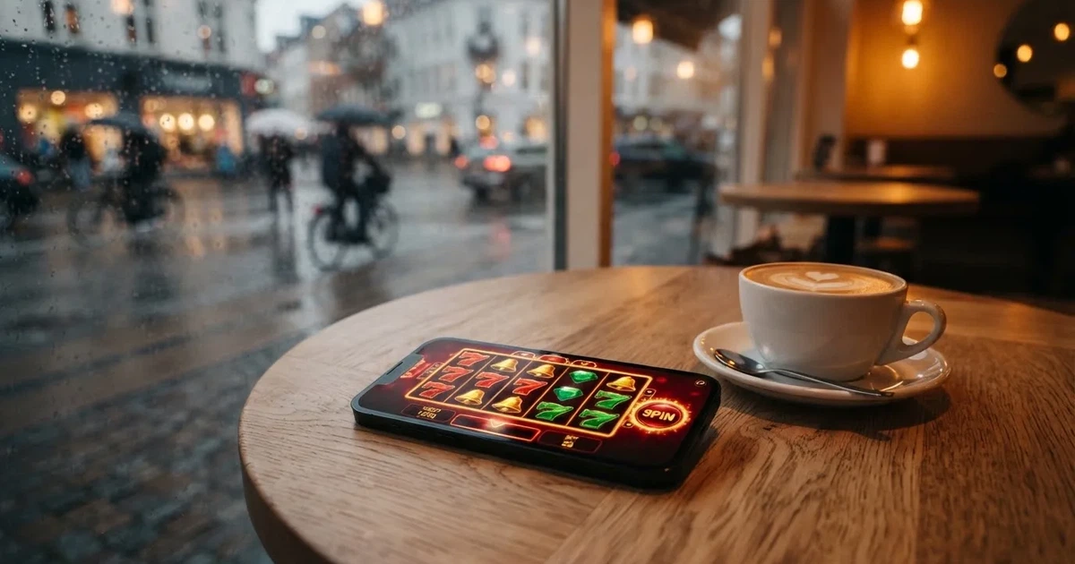 En mobil med framsidan nedåt på ett kafébord, bredvid en latte och regn mot rutan — svenska casinon på android