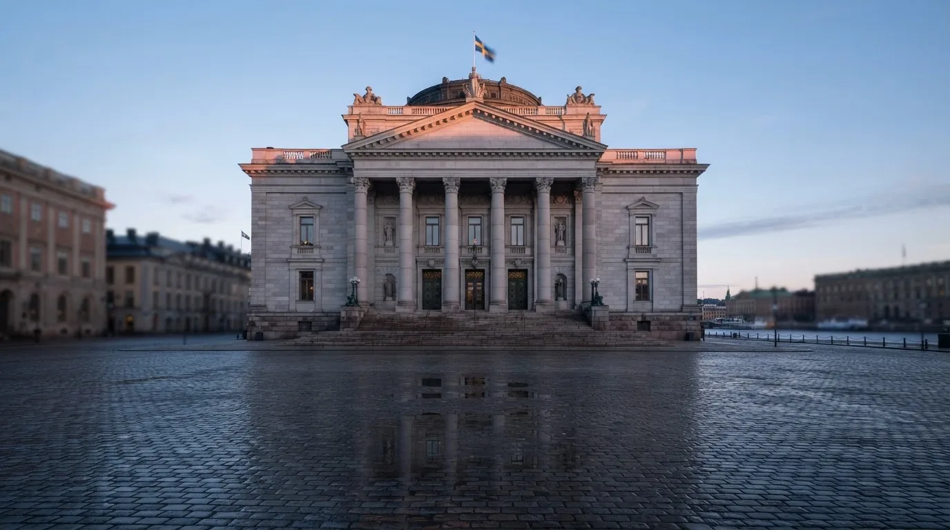 Stenfasad på en statlig byggnad i Stockholm vid gryning, höga pelare och ett tomt torg framför — svenska casinon på android
