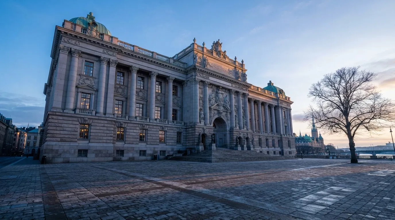 Stenfasad på en statlig byggnad i Stockholm vid gryning, höga pelare och ett tomt torg framför — svenska casinon på ios