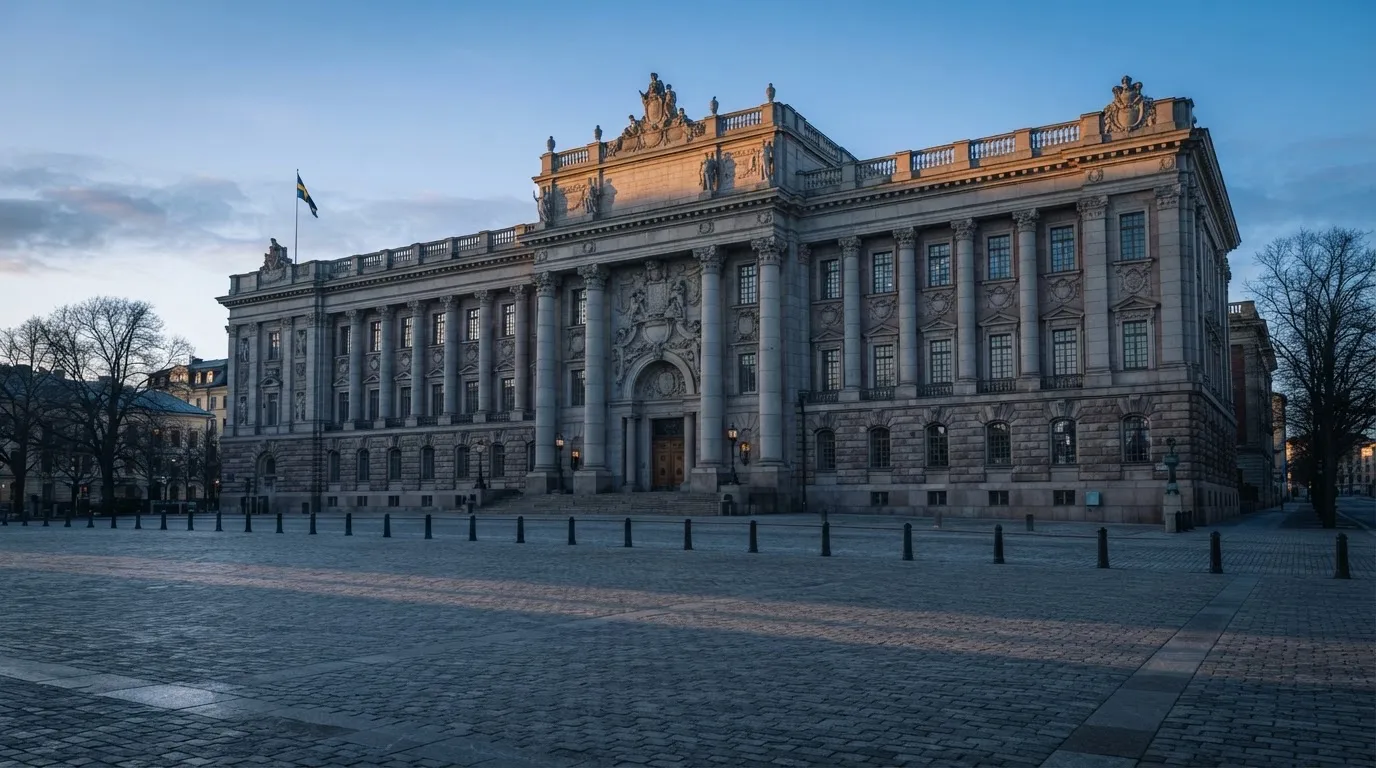 Stenfasad på en statlig byggnad i Stockholm vid gryning, höga pelare och ett tomt torg framför — svenska casinon på nätet