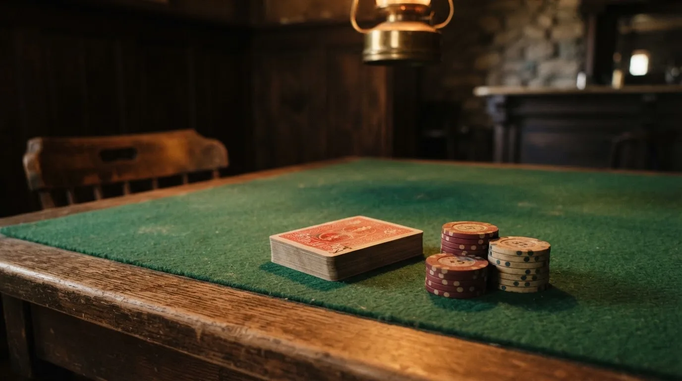 Kortlek och staplar av spelmarker på ett grönt filtbord i en dunkel salong, varmt lampsken — svenska casinon utan konto