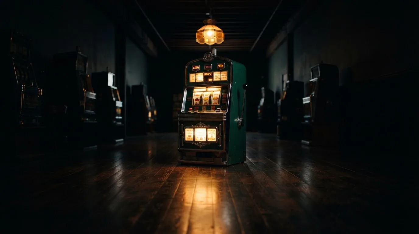 En gammal spelautomat lyser i den dunkla hallen och speglar sig i golvet — svenska casinon utan registrering