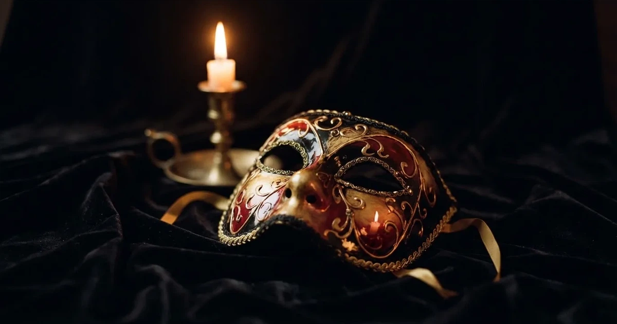 En venetiansk mask på svart sammet, ljuslågan speglas i dess blanka yta — svenska casinon utan registrering