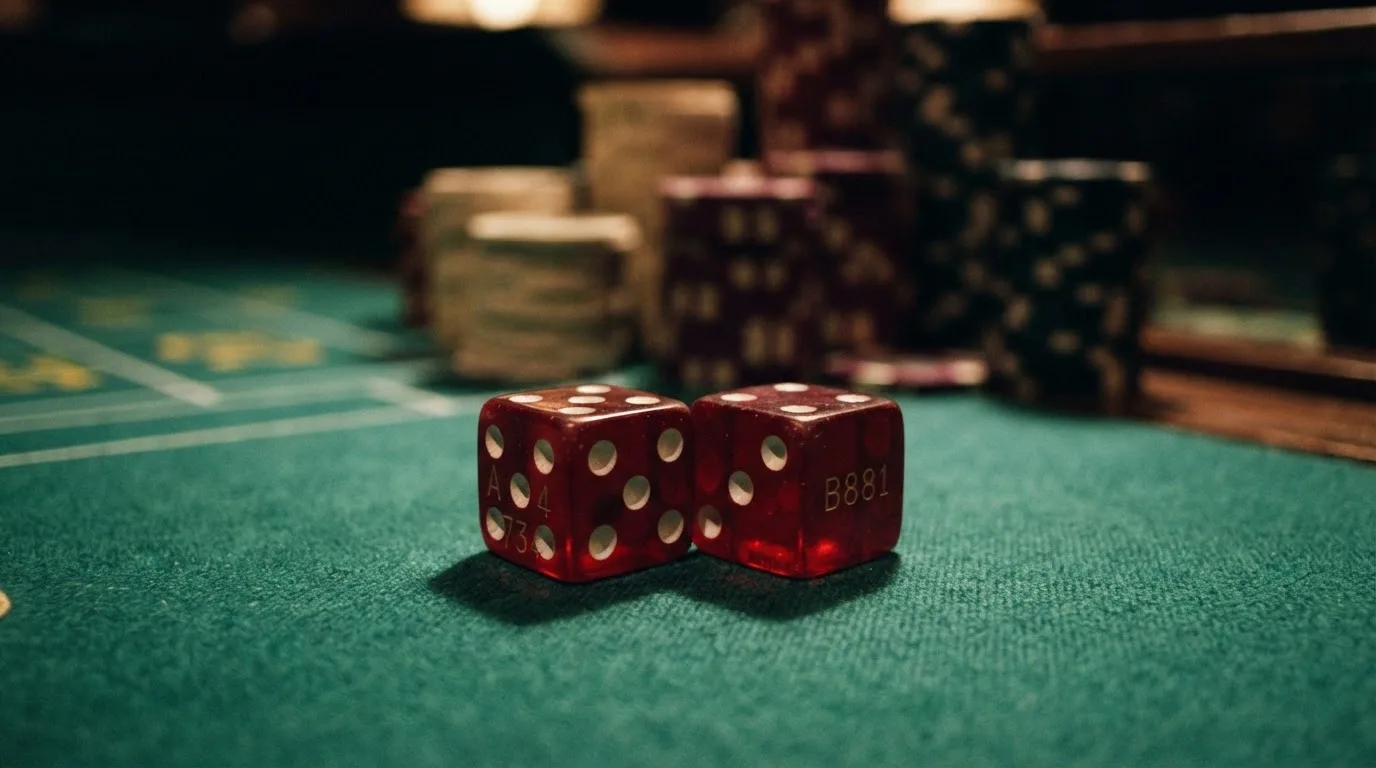 Röda tärningar vilar på grönt filt, bakom dem suddiga torn av spelmarker i kvällsdunklet — svenska casinon utan spelpaus
