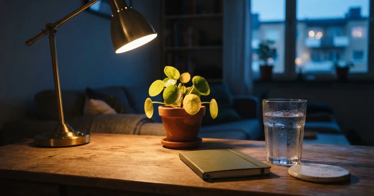 En skrivbordslampa lyser upp ett vattenglas och en kruka, rummet bakom mörknar sakta — svenska casinon utan spelpaus