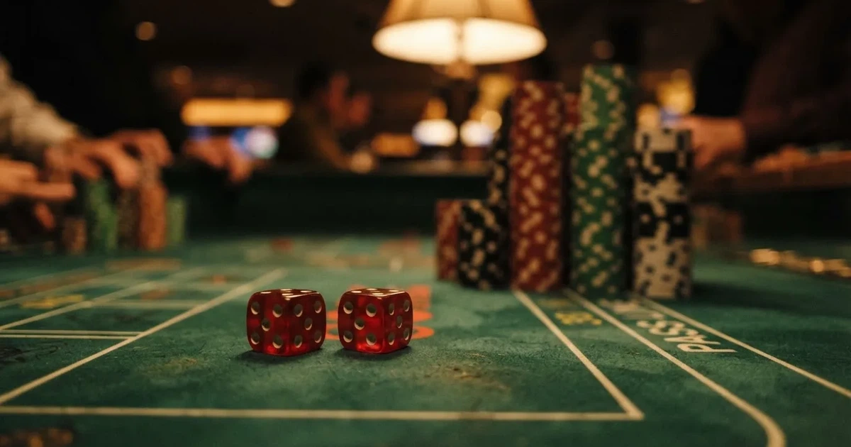 Röda tärningar vilar på grönt filt, bakom dem suddiga torn av spelmarker i kvällsdunklet — svenska internet casinon
