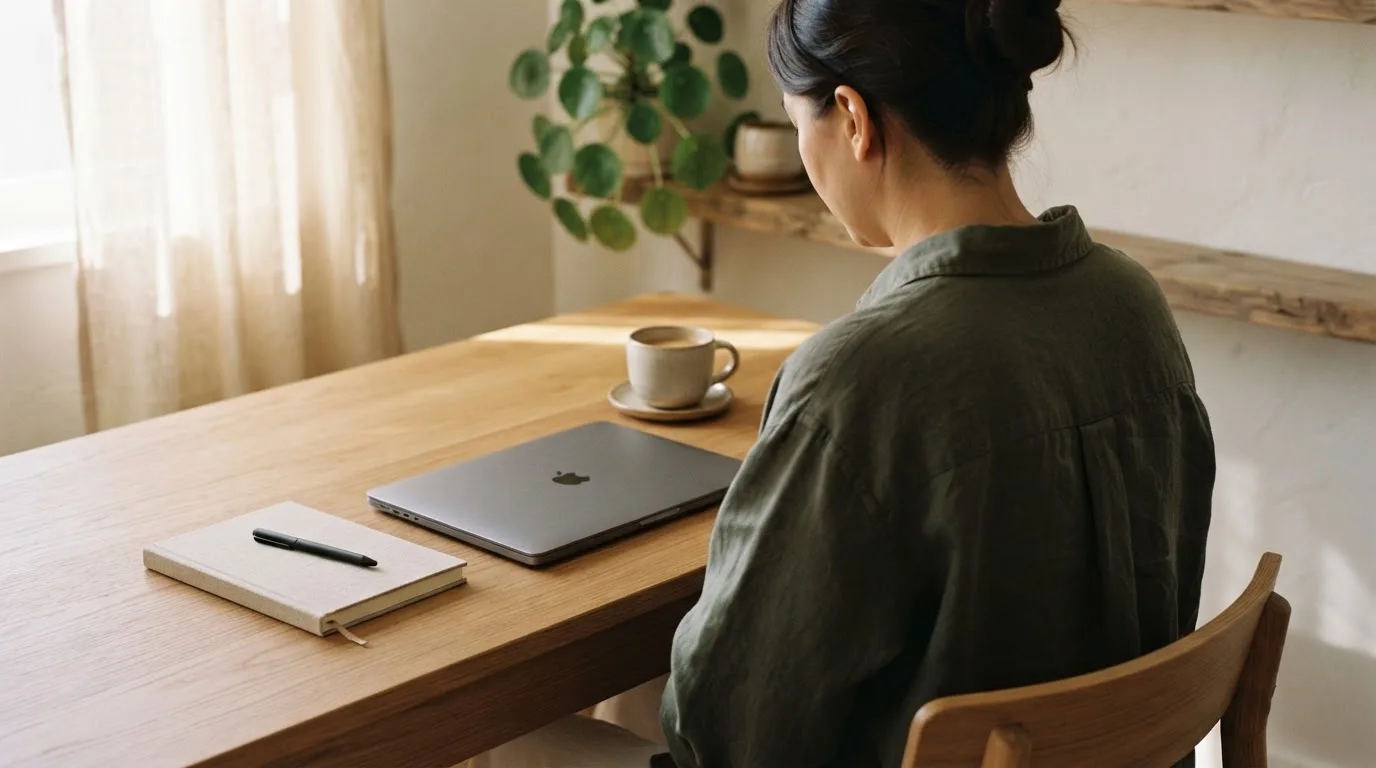 En person sitter vid ett skrivbord hemma med en kopp kaffe och en bärbar dator stängd bredvid sig i morgonljus.