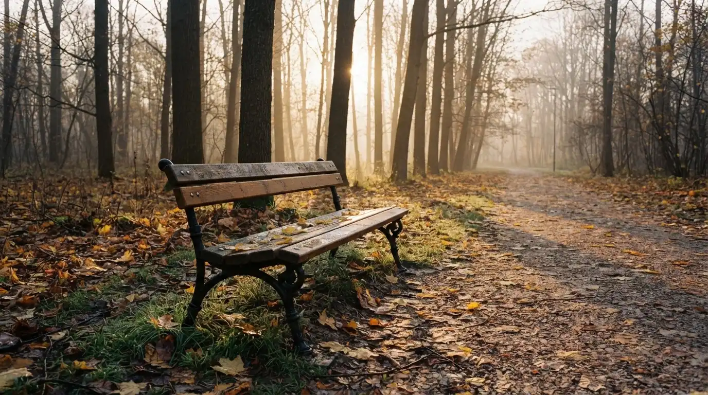 En tom parkbänk en höstmorgon, gula lönnlöv på stigen och låg sol mellan träden — svenska nätcasinon