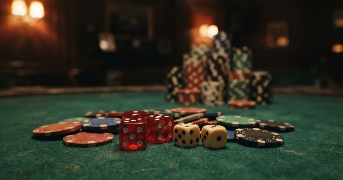 Röda tärningar vilar på grönt filt, bakom dem suddiga torn av spelmarker i kvällsdunklet — svenska online casinon