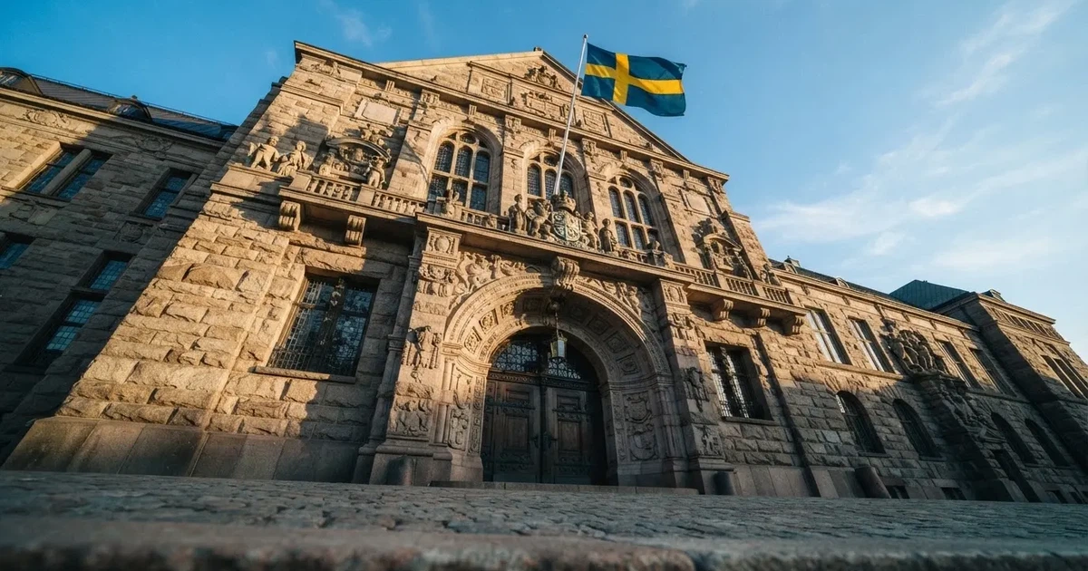 Ett gammalt stadshus i sten fotograferat underifrån mot en klarblå himmel, med den svenska flaggan som fladdrar ovanför entrén.