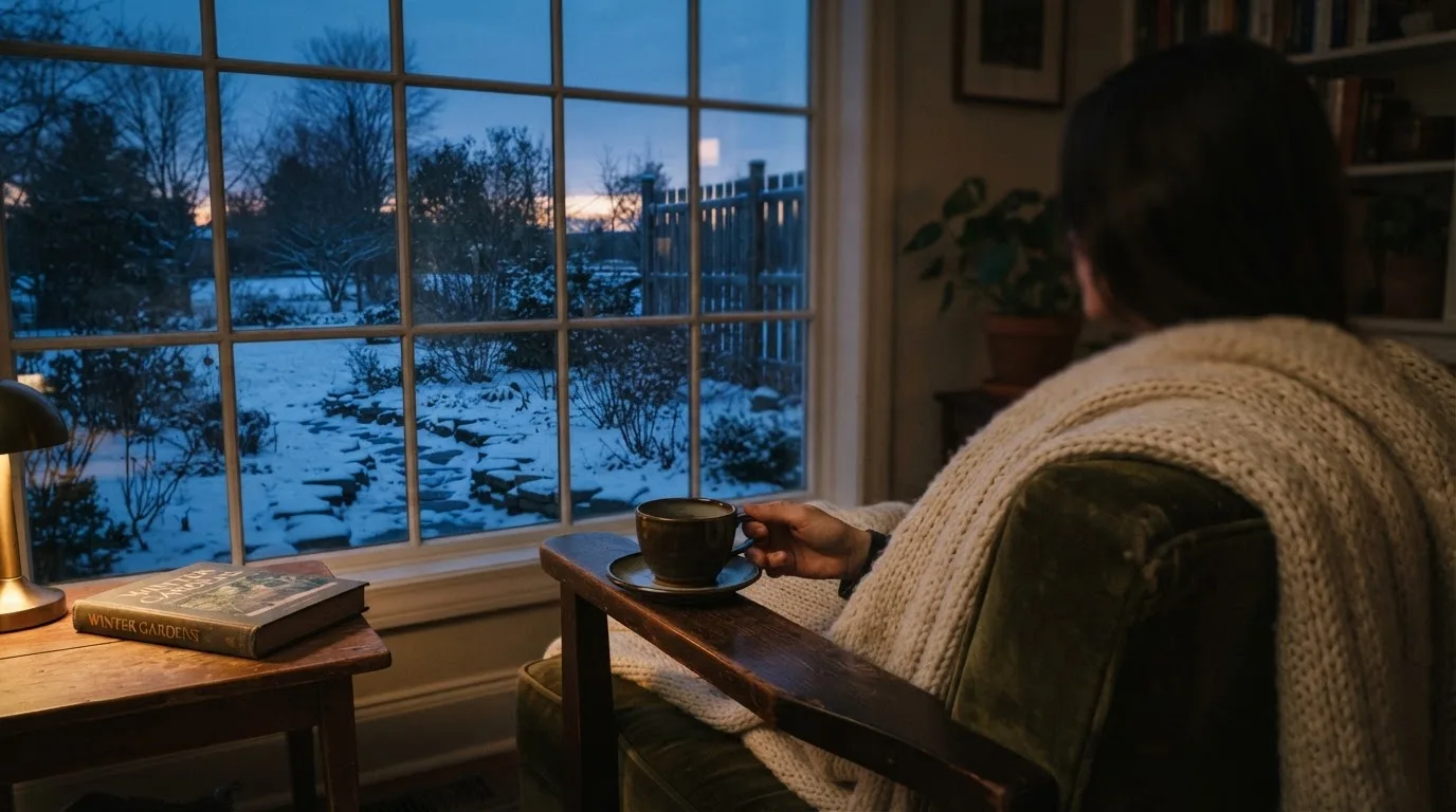 En person sitter ensam vid ett fönster i skymningen och håller en tekopp, med en rofylld vinterträdgård synlig utanför glaset.