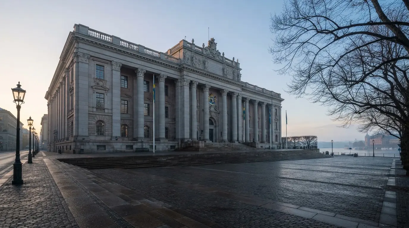 Stenfasad på en statlig byggnad i Stockholm vid gryning, höga pelare och ett tomt torg framför — topp casinon i sverige