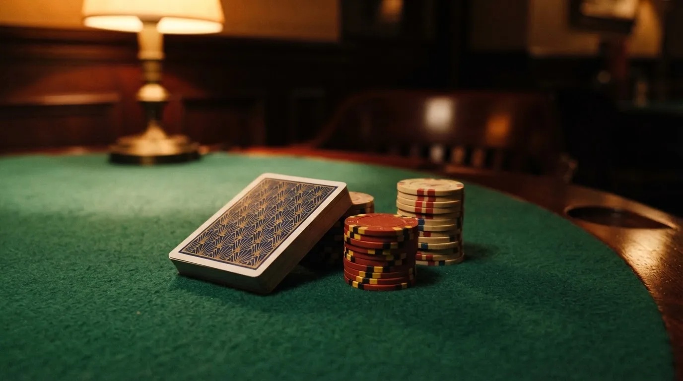 Kortlek och staplar av spelmarker på ett grönt filtbord i en dunkel salong, varmt lampsken — utländska casinon i sverige