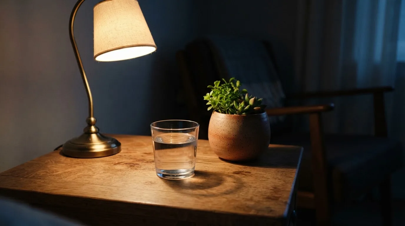 En skrivbordslampa lyser upp ett vattenglas och en kruka, rummet bakom mörknar sakta — utländska casinon i sverige