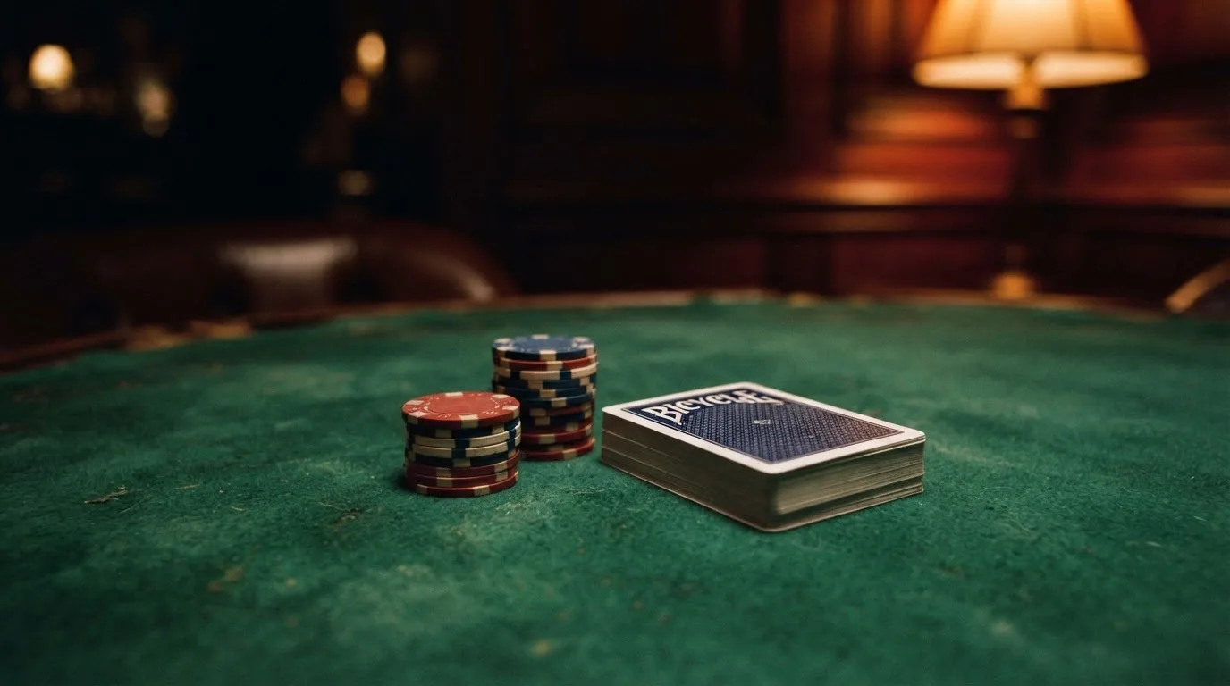 Kortlek och staplar av spelmarker på ett grönt filtbord i en dunkel salong, varmt lampsken — vinna på svenska casino